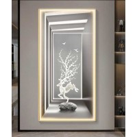 Ghazzele Grey And White Crystall Painting With Led Light Gold Frame